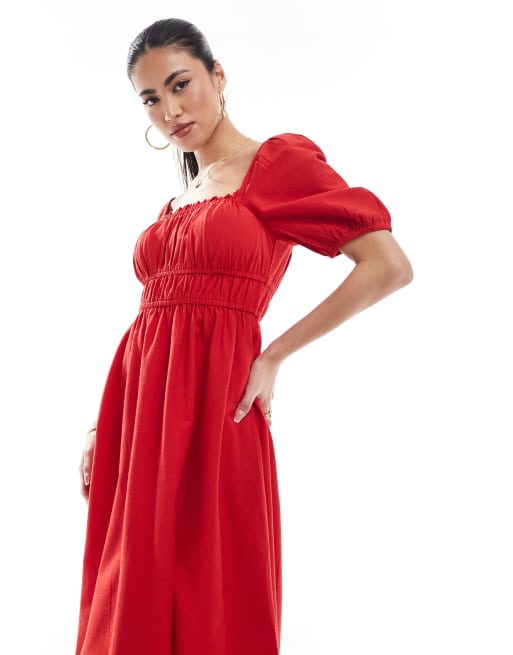 New Look puff sleeve milkmaid dress in red