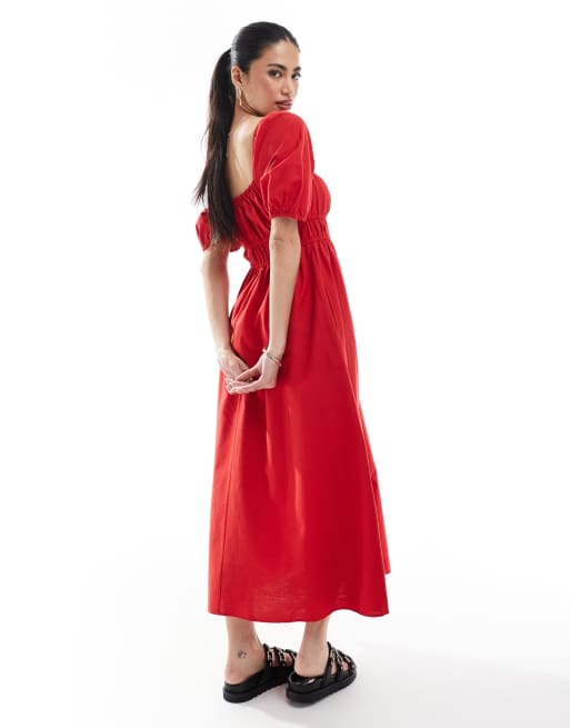 New Look puff sleeve milkmaid dress in red