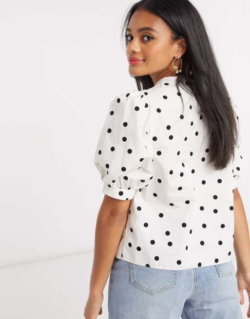 New Look puff sleeve poplin top in white polka dot ASOS