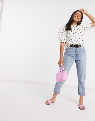 white polka dot puff sleeve top