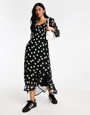New Look puff sleeve ruffle midi dress in polka dot-Black
