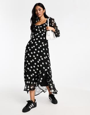 Mango v neck puff sleeve polka dot midi dress in white, Compare