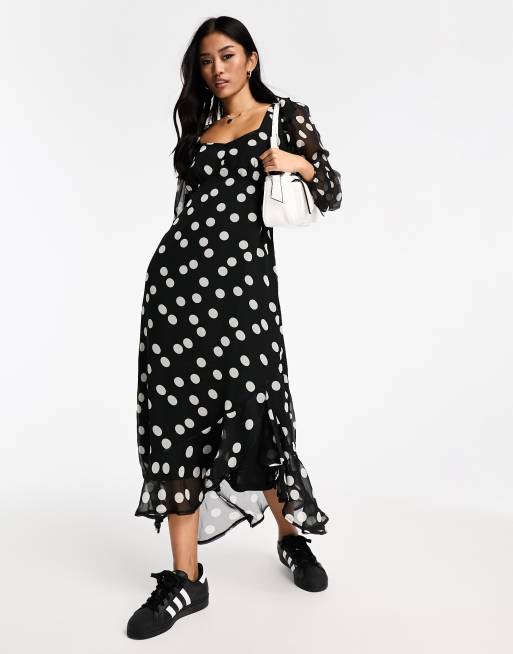 New Look puff sleeve ruffle midi dress in polka dot ASOS