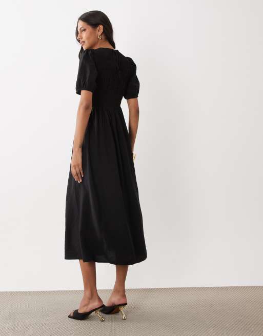 New Look puff sleeve shirred midi dress in black, 4 of 4