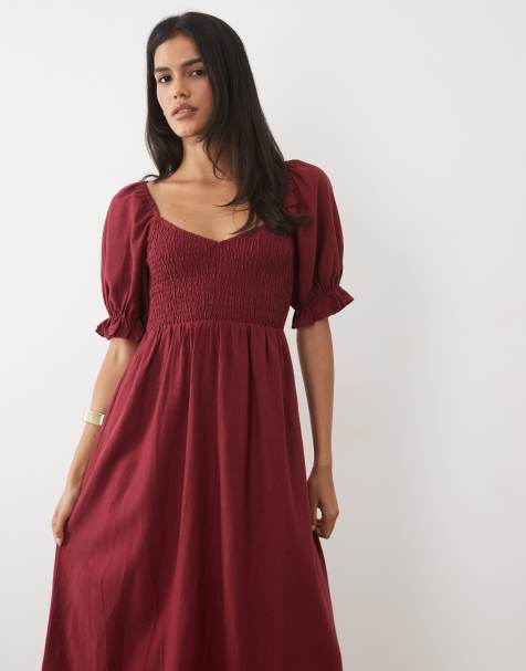 New Look puff sleeve shirred midi dress in burgundy - view 1