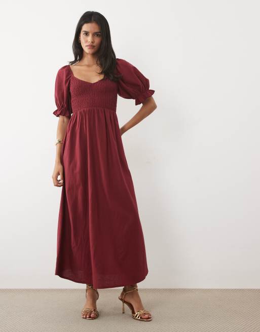 New Look puff sleeve shirred midi dress in burgundy, 2 of 4