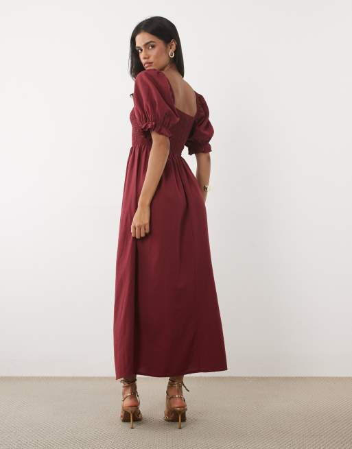 New Look puff sleeve shirred midi dress in burgundy, 4 of 4