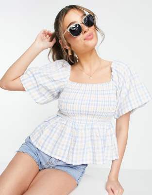 New Look puff sleeve shirred top in white check