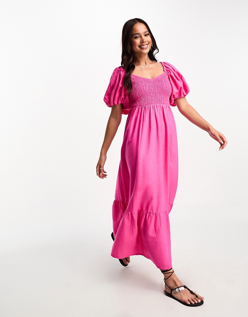 New Look puff sleeve shirred top midi dress in bright pink