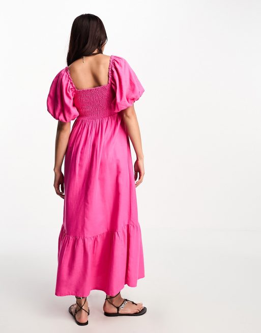 New Look puff sleeve shirred top midi dress in bright pink ASOS