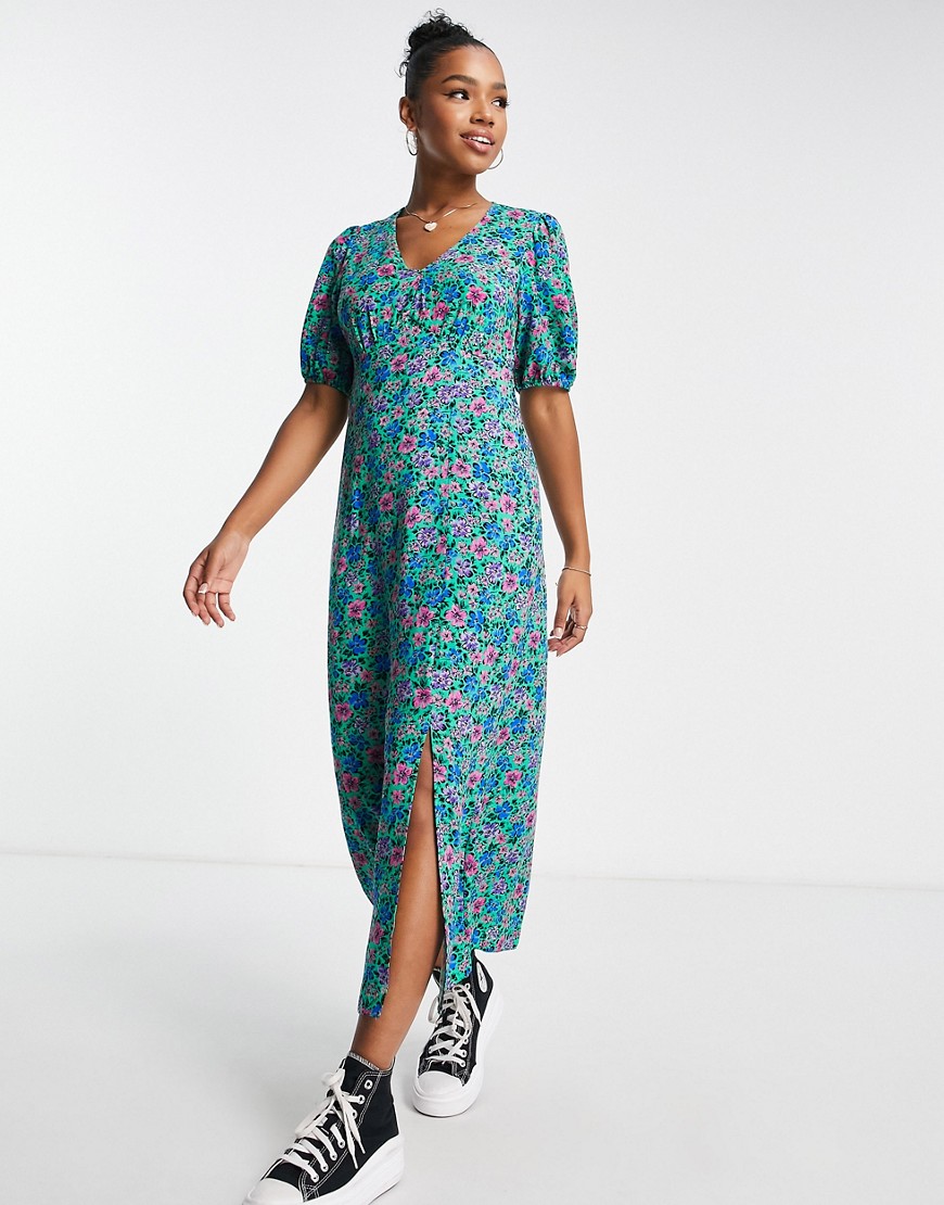 New Look Puff Sleeve Side Slit Midi Dress In Green Floral