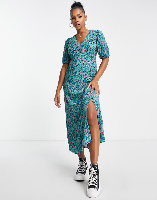 Floral Puff Sleeve Slit Front Midi Dress