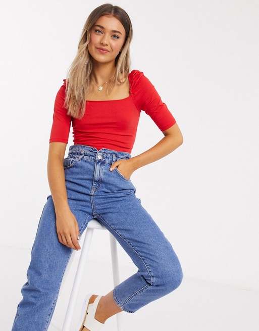 New Look puff sleeve square neck top in red