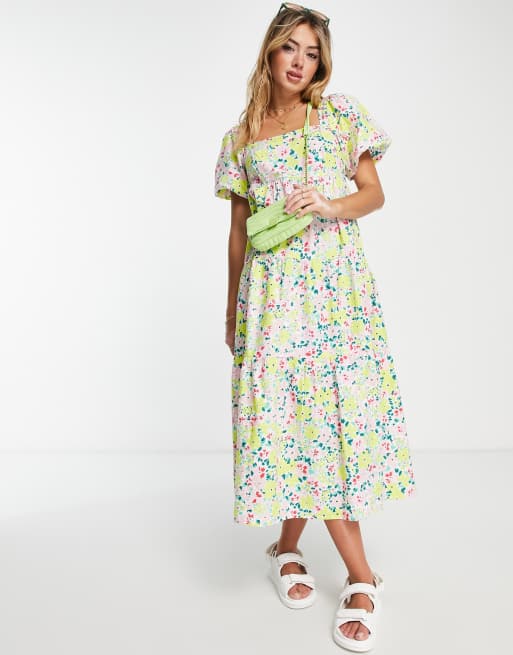 new look puff sleeve tea dress in green pattern