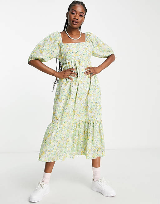 New Look puff sleeve tie back midi dress in yellow floral print