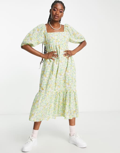 New Look puff sleeve tie back midi dress in yellow floral print ASOS