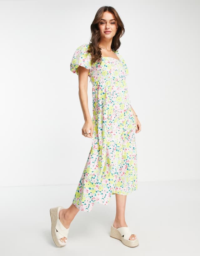 New Look puff sleeve tie back midi smock dress in yellow floral