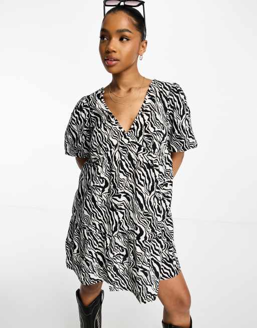 New Look puff sleeve tie back mini smock dress in zebra print ASOS