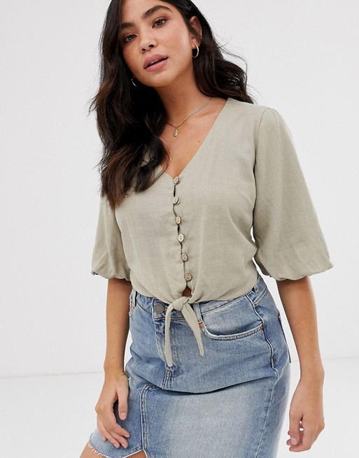 New Look puff sleeve tie front button through top in stone | ASOS