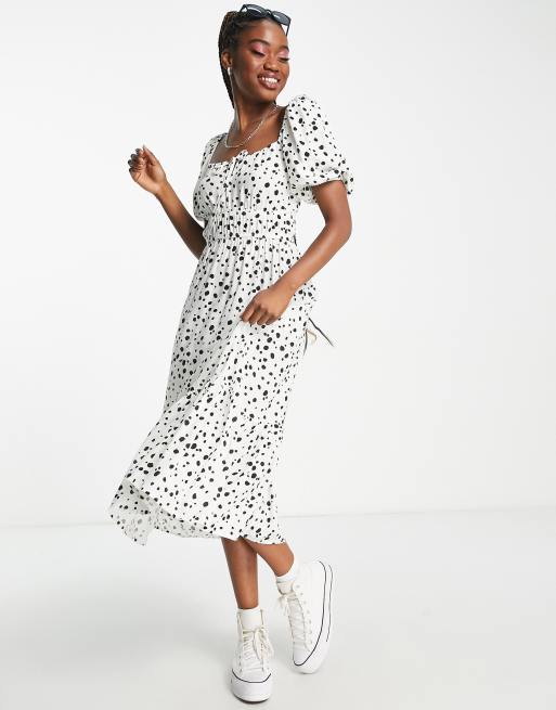 New Look puff sleeve tiered midi dress in black dalmation print