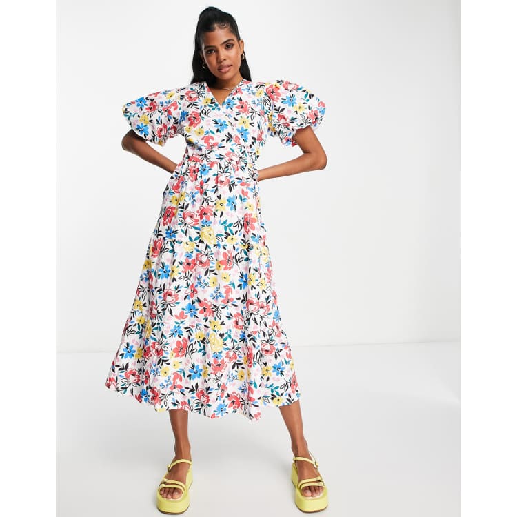 New Look puff sleeve wrap midi dress in white floral print