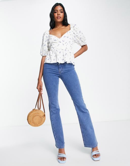 New Look puff sleeve wrap peplum blouse in white floral | ASOS