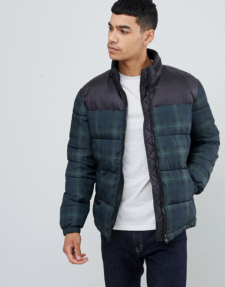 New Look puffer jacket in green check-Navy