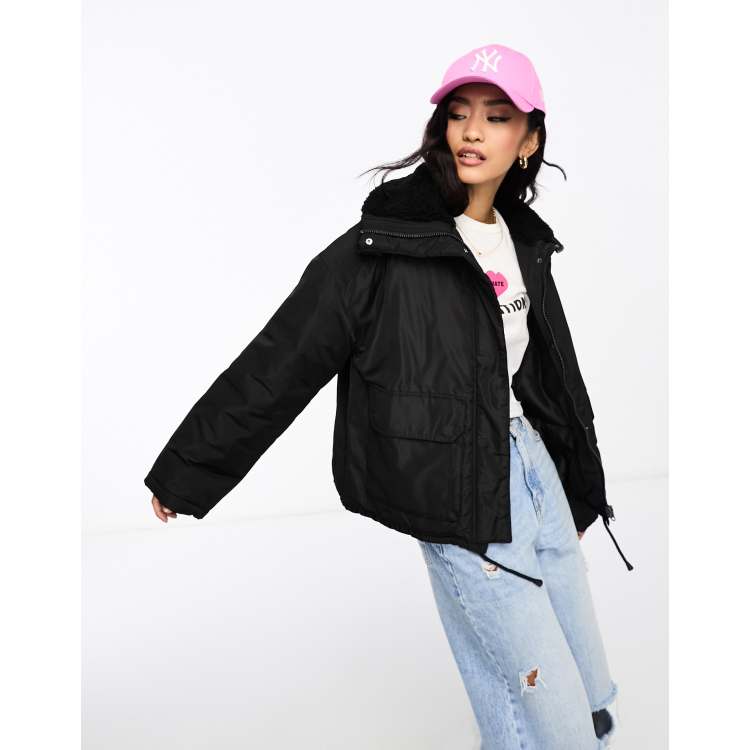 Women's Black Puffa Borg Collar Crop Jacket