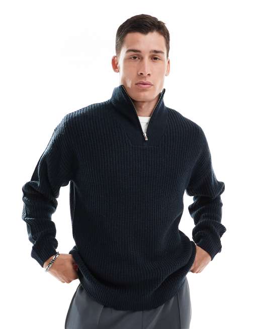 New Look - Pull à col zippé à côtes anglaises - Bleu marine