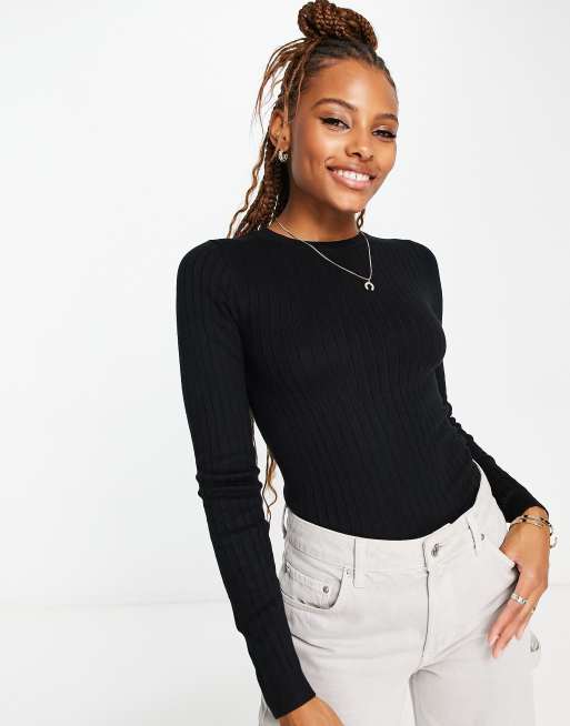 New Look - Pull col rond en maille côtelée - Noir