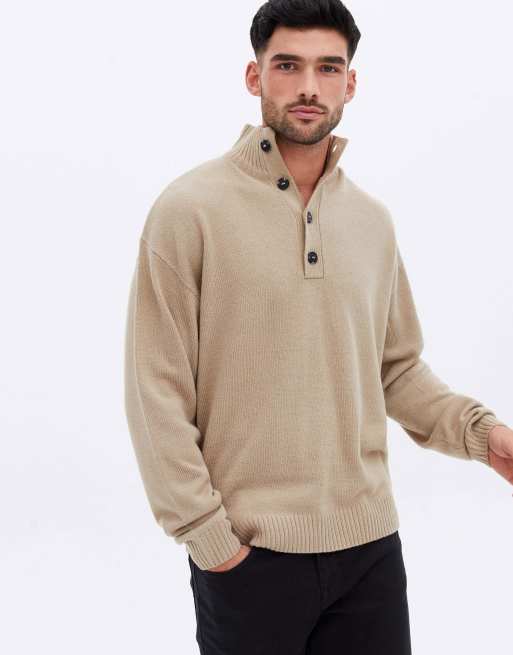 New Look - Pull décontracté à col cheminée boutonné - Taupe