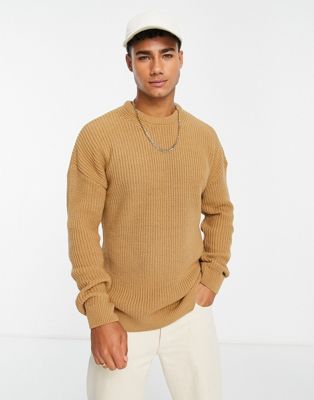 New Look relaxed fit knitted fisherman jumper in camel - ASOS Price Checker