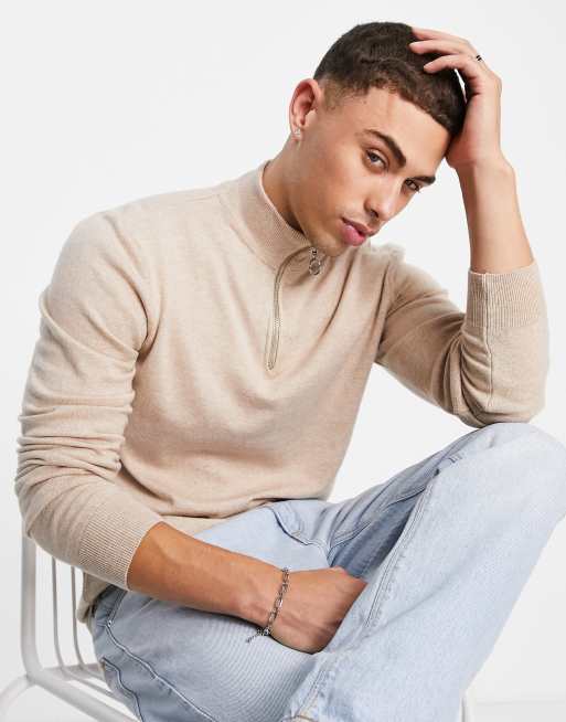 New Look - Pull en maille à col zippé - Taupe