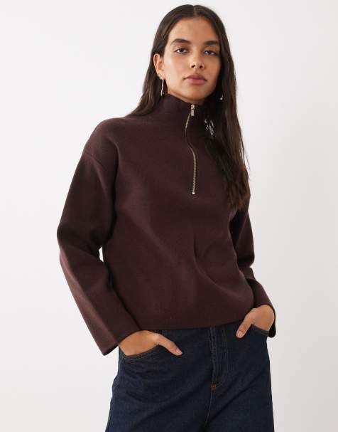 New Look pull en maille compacte à demi-zip marron foncé - view 1