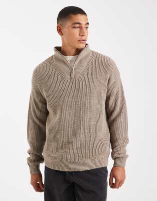 New Look - Pull en maille style pêcheur à col zippé - Vison