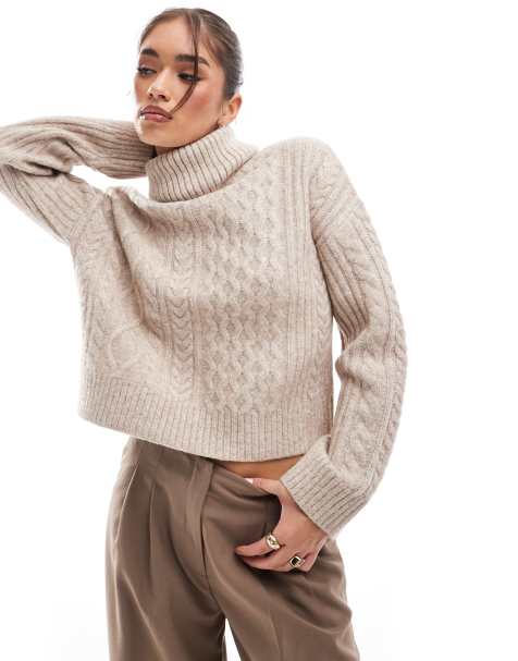 New Look - Pull en maille torsadée à col roulé - Crème - view 1
