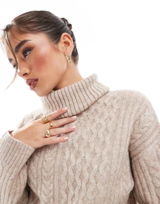 New Look Pull en maille torsadée à col roulé Crème ASOS