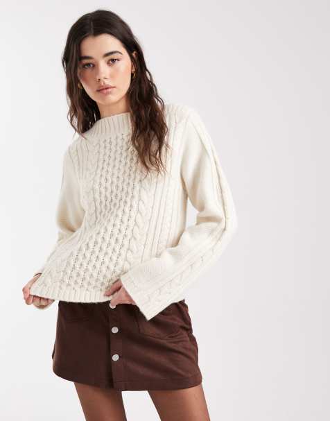 New Look - Pull en maille torsadée à manches évasées - Crème - view 1