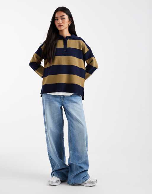 New Look - Pull épais à rayures avec col polo - Vert, 2 de 4