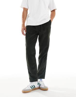 New Look New Look pull on cord trousers in dark khaki-Green