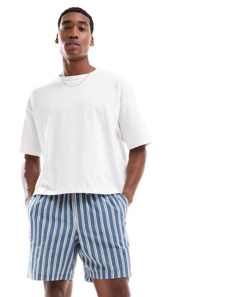 New Look pull on linen shorts in blue stripe - view 1