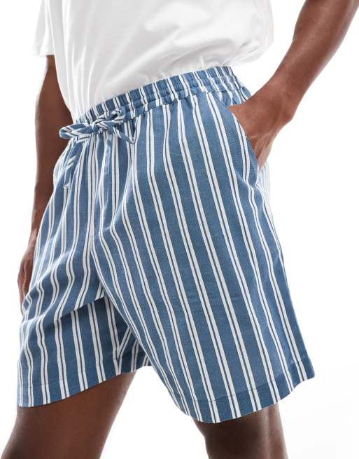 New Look pull on linen shorts in blue stripe, 3 of 5