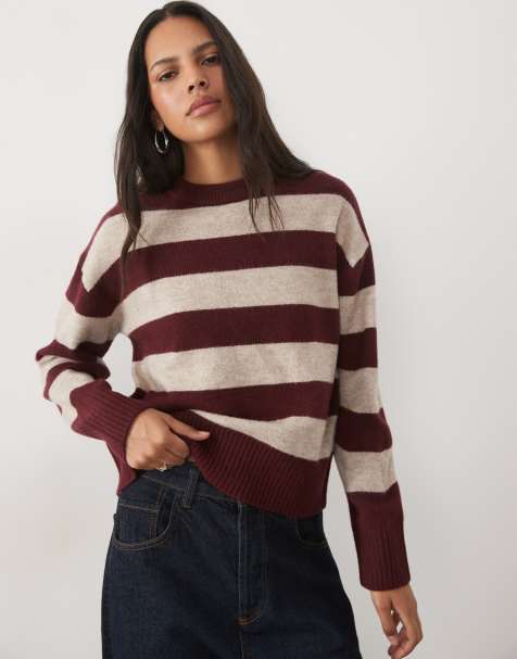 New Look pull ras de cou à rayures bordeaux - view 1