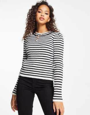 Top (Haut) NEW LOOK Noir/Beige Rayé - Col V, Manches Longues, Style Peplum & Wrap - Taille 10 UK - Occasion TBE