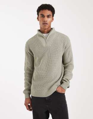 Pullover in Blassgrau mit kurzem Reißverschluss und Stehkragen-Grün Grün XS