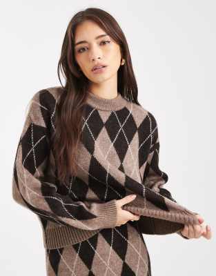 New Look - Pullover in Braun mit Rautenmuster und Rundhalsausschnitt, Kombiteil-Brown