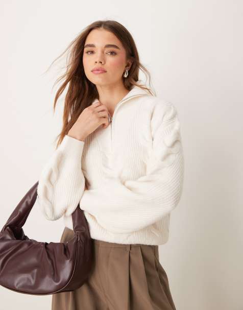 New Look – Pullover in Creme mit Zopfmuster und kurzem Reißverschluss - view 1