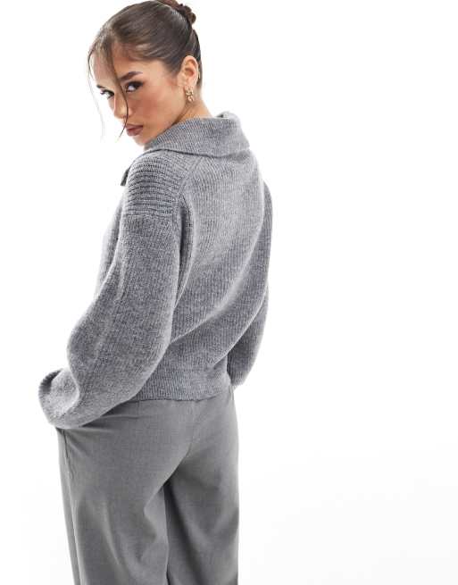 New Look – Pullover in Grau mit hohem Kragen und halbem Reißverschluss
