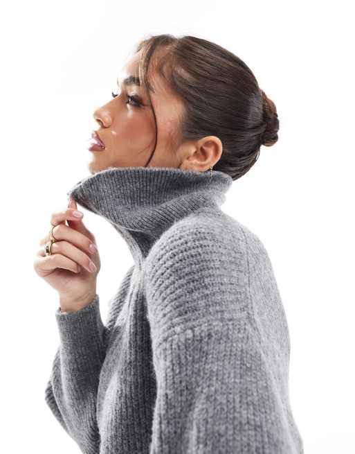 New Look – Pullover in Grau mit hohem Kragen und halbem Reißverschluss