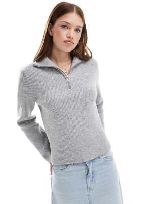 New Look - Pullover in Grau mit kurzem Reißverschluss